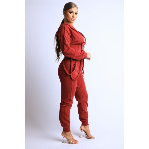 Women's Long Sleeve Zip-Up Strappy Terry Casual Hoodie Two-Piece Set Super Cute - Picture 6 of 12